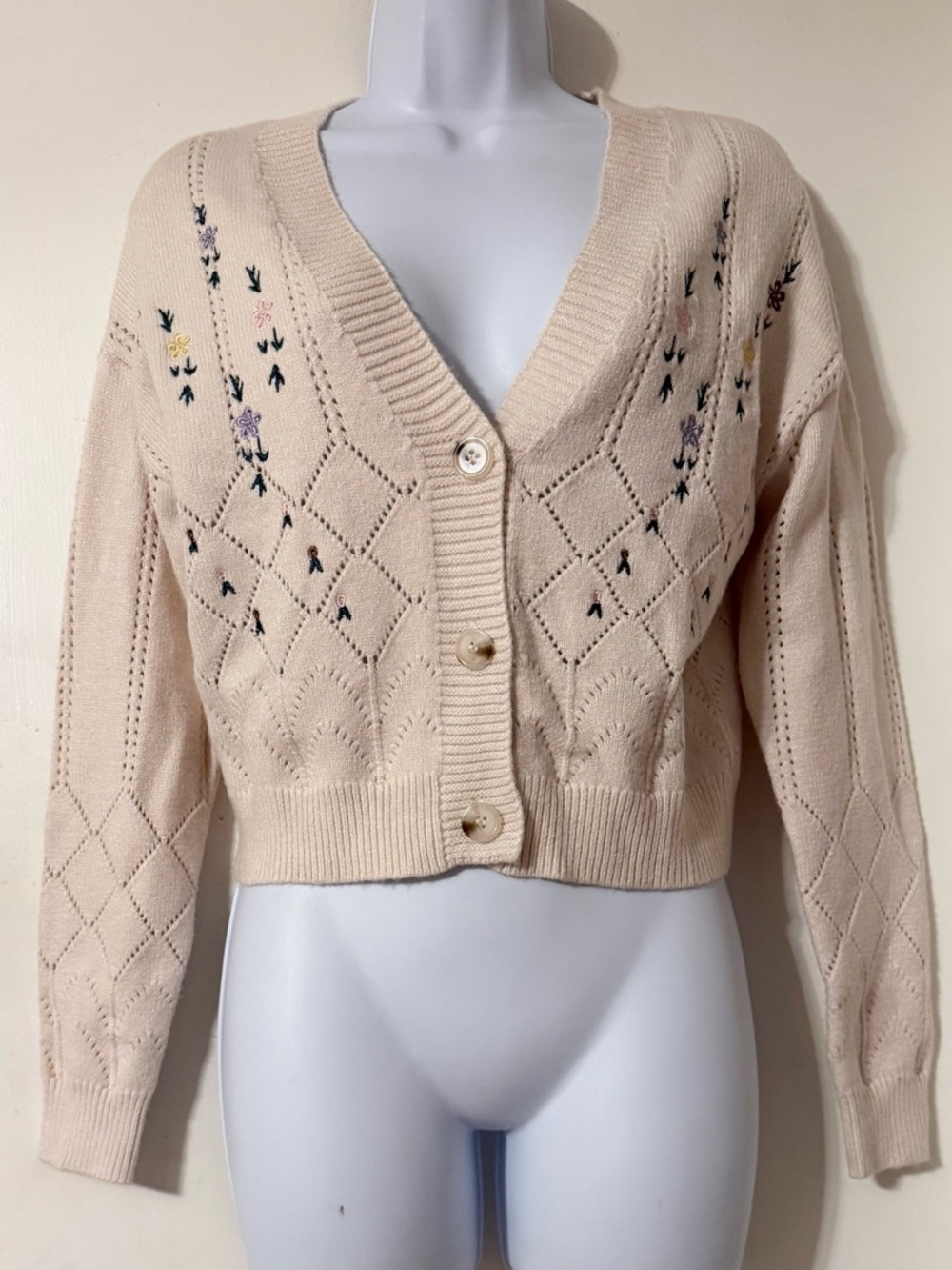 Cropped V-Neck Knit Cardigan in Cream Sz S Delicate Embroidery NWT Willow & Wind